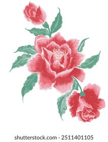 Manojo de hermosa peonía acuarela, rosa y hojas tropicales. Clipart de flores realista, arreglo floral. ilustración botánica dibujada a mano.