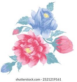 bunch of beautiful watercolor peony, rose and tropical leaves. Realistic flower clipart, floral arrangement. hand drawn botanical illustration.