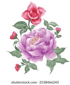 bunch of beautiful watercolor peony, rose and tropical leaves. Realistic flower clipart, floral arrangement. hand drawn botanical illustration.