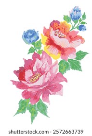 bunch of beautiful watercolor peony, rose and tropical leaves. Realistic flower clipart, floral arrangement. hand drawn botanical flower illustration.