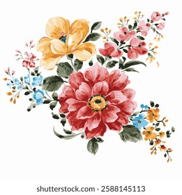 bunch of beautiful watercolor wild flower, rose, peony with tropical leaves. Realistic flower clipart, floral arrangement. hand drawn botanical flower illustration. design for wallpaper, fabric.