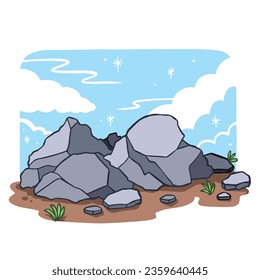 A bunch of big small gray colored stones and a few leaves decoration with soil ground and blue sky background vector illustration isolated on square white template. Simple flat cartoon style drawing.