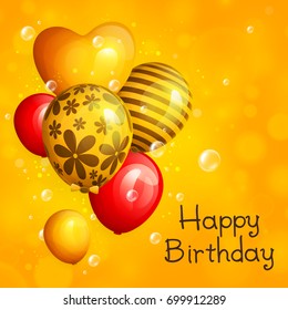 Bunch of birthday yellow and red balloons with pattern. Flying soap bubbles on bokeh background. Vector illustration.