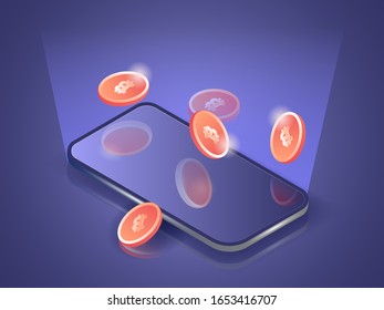 Un montón de bitcoines en el móvil para smartphones en línea. Ilustración isométrica vectorial 3D.