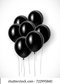 Bunch of black balloons with strings. Vector illustration for your graphic design.