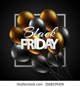 A bunch of black and golden brown balloons with black friday sale sign. Vector illustration.