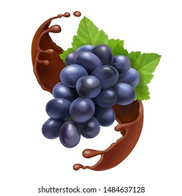 Bunch of black grape in chocolate splash , realistic vector illustration.