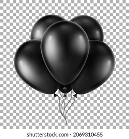 Bunch of black helium balloons. 3D realistic vector illustration, isolated on a transparent background.
