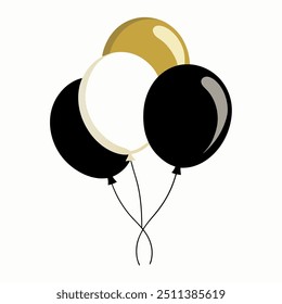 A bunch of black, white, and gold balloons on a white background