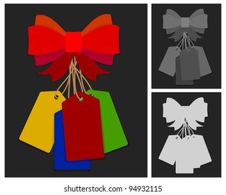 bunch of blank price labels with bow on black background, vector illustration