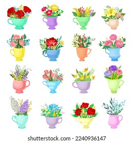 Bunch of Blooming Flowers in Ceramic Cup Big Vector Set