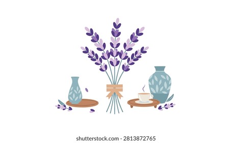 Bunch of blooming lavender stems arranged between ceramic vases and a hot beverage on a small tray.