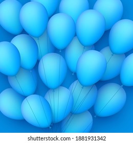Haufen blauer Ballons mit Fäden auf blauem Hintergrund. Vektorfestivals.
