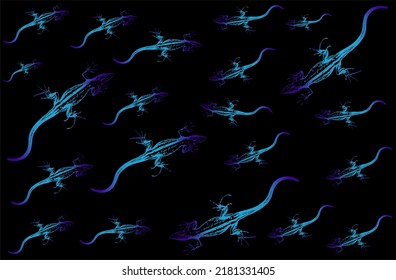 A bunch of blue lizards scattered on a black background