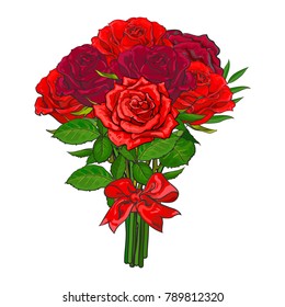 Bunch, bouquet of red rose flowers tied up with scarlet ribbon, sketch, hand drawn vector illustration isolated on white background. Hand-drawn vector bunch of red rose flowers tied up with ribbon