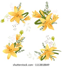 A bunch of bouquets of different compositions. With additional elements of floral design. Vector illustration.