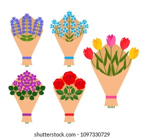 A bunch of bouquets of flowers in a package of paper. Beautiful flowers of roses, tulips, violets, chamomiles - to Mother's day, valentine, birthday. flat vector design illustration