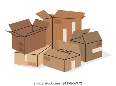 Bunch of boxes. Hand drawn cardboard stacked boxes, carton box pile, warehouse box stack flat vector illustration. Moving concept on white