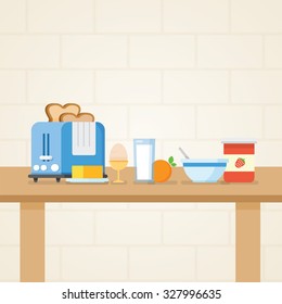 A bunch of breakfast in table in the morning