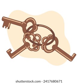 Bunch of bronze medieval keys. Antique skeleton keys. Vector illustration on white background.