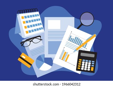 Bunch of business items that are seen often on desk like a calculator, glasses, some papers, callendar, micro card, pencils... All in a flat vector draw.