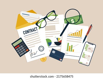 Bunch of business items that are seen often on desk like a calculator, glasses, some papers, calendar in phone, micro card, pen. All in a flat vector illustration.