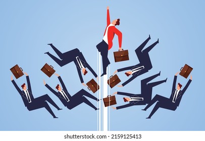 A bunch of businessmen fall but one businessman takes off upwards, business competition and business opportunity, career promotion and self-improvement, businessman standing out