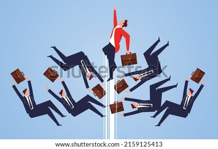 A bunch of businessmen fall but one businessman takes off upwards, business competition and business opportunity, career promotion and self-improvement, businessman standing out