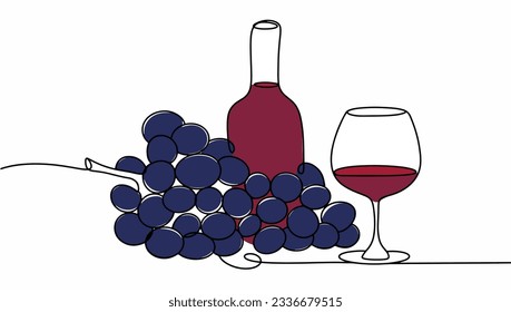 A bunch of Cabernet Sauvignon grapes, a bottle and a glass of wine. International Cabernet Day. One line drawing for different uses. Color vector illustration.