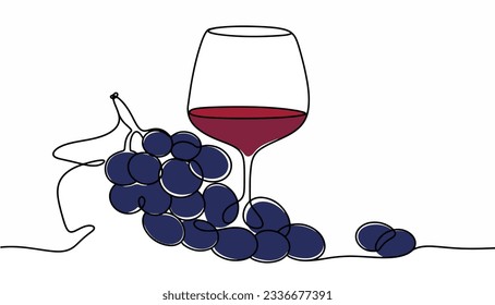 A bunch of Cabernet Sauvignon grapes and a glass of wine. International Cabernet Day. One line drawing for different uses. Color vector illustration.