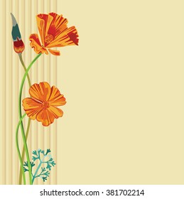 Bunch of california poppy flowers, buds and leaves on beige background with stripped border. Vector floral decoration for your card or document design with space for text.