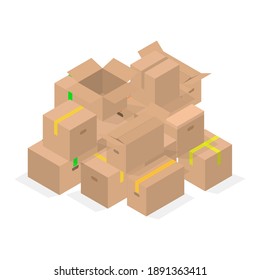 Montón de cajas de cartón aisladas sobre fondo blanco. Elementos de diseño de empaquetado. Estilo isométrico plano 3D, ilustración vectorial.