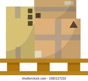 Bunch of cardboard boxes. Package and carton on wooden pallet. Cartoon flat illustration.
