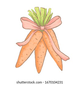 A bunch of carrots with a pink bow. Gift for easter bunny. Imitation of watercolor handmade