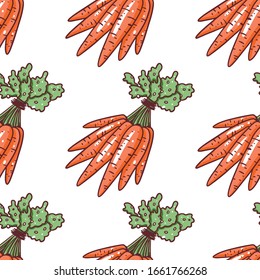 Montón de zanahorias.Patrón sin problemas.  Ilustración vectorial dibujada a mano. Estilo de caricatura. Aislado sobre fondo blanco.