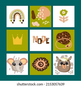 A bunch of cartoon animal heads and stylish flat designs. Modern concept vector illustration, flat design for baby cards, banners and invitations. Hand drawn vector illustration.