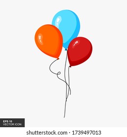 Bunch of cartoon balloons, threaded, isolated white background. Shiny flying balloon, ribbons, celebrating birthdays, surprises. Gift helium balloon. Realistic form, symbol of love, pleasure.