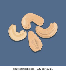 A bunch of cashew nuts on top view isolated a blue background. vector cartoon illustration.