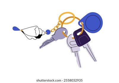 Bunch, chain of different keys with hanging pendant seashell on ring, keychain. Keyring, keyholder, keyfob with trinket to lock house door. Flat isolated vector illustration on white background