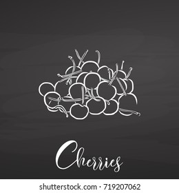 Bunch of cherries on chalkboard. Hand drawn healthy food sketch. Black and White Vector Drawing on Blackboard. 
