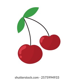 Bunch of cherry berries isolated on white background. Fresh fruit element in cartoon style. Healthy food print. Vector illustration