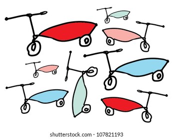 a bunch of childish scooters