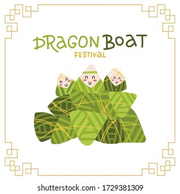 Bunch of Chinese rice dumplings - zongzi - wrapped in green bamboo leaves. Cute characters for celebrating Dragon boat festival. Flat vector illustration isolated on white background with lettering
