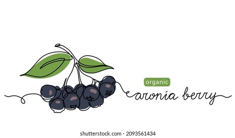 Bunch of chokeberry, aronia berry. Vector color illustration, doodle, sketch for label design. One continuous line art drawing with aronia berry lettering.