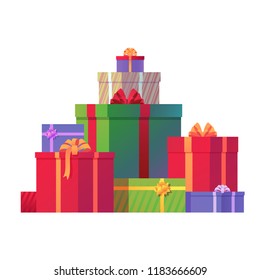 Bunch of Christmas gift boxes vector illustration. Holiday presents isolated on white background. Festive element for your design. Eps 10.