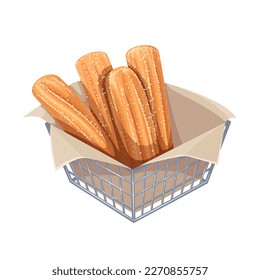 Bunch of churros in box vector illustration. Cartoon isolated group of churro sticks in sugar powder cover, bowl with paper towel and crunchy dessert for breakfast, food made from fried choux pastry