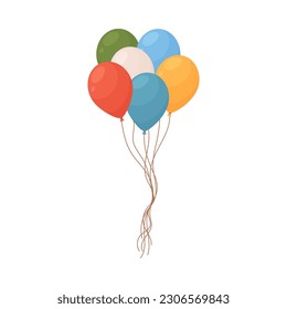Montón de globos de caucho de color con cuerda para decoración de cumpleaños y fiesta, impresiones y tarjetas, ilustración vectorial de dibujos animados planos aislados en fondo blanco.