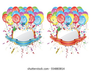 Bunch of colorful balloons and banner with ribbon.
