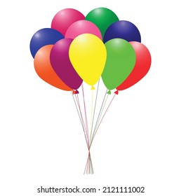 Bunch of colorful  balloons for birthday and party. Ten Flying balloons with colored ropes, isolated on white background. Flat vector icon for celebrate and carnival.