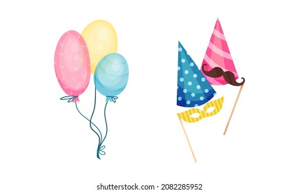 Bunch of Colorful Balloons and Cap with Moustache Mask as Birthday Symbol Vector Set